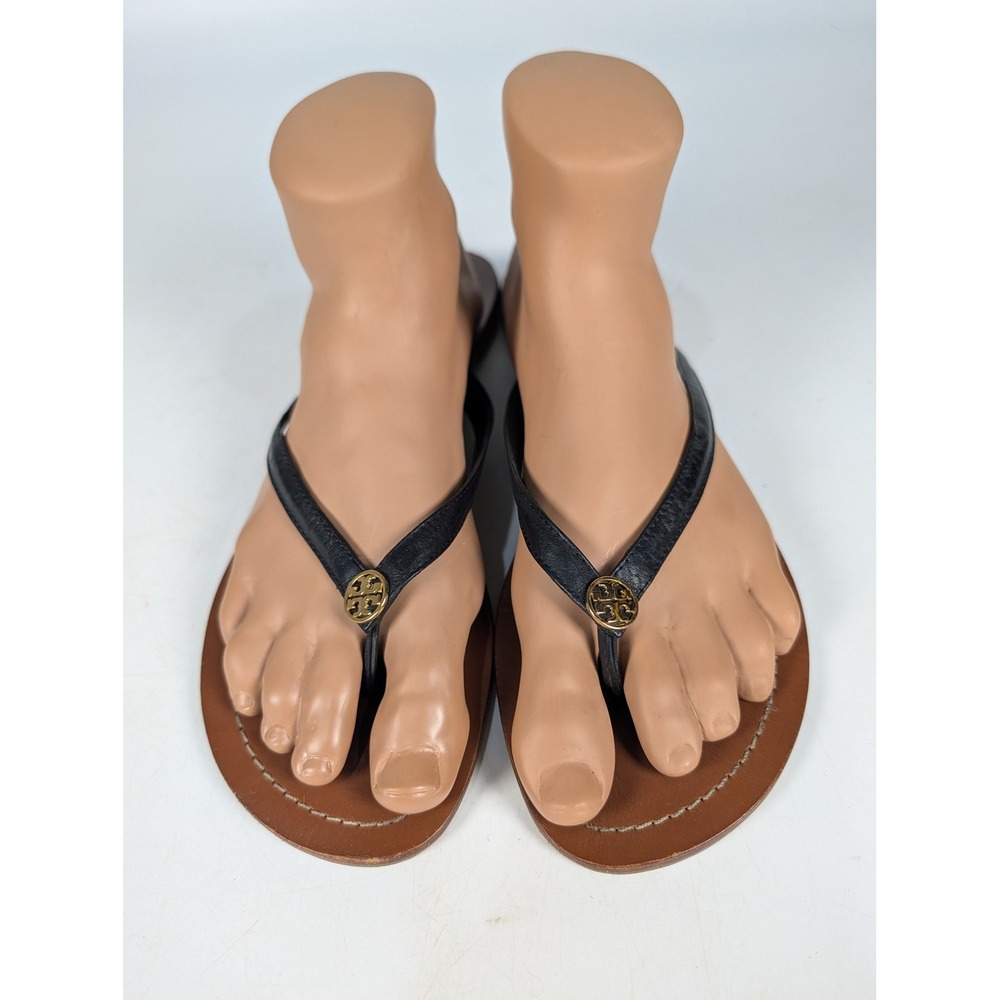 Tory Burch Terra Black Tan Leather Logo Thong Flat Sandals Womens 11M